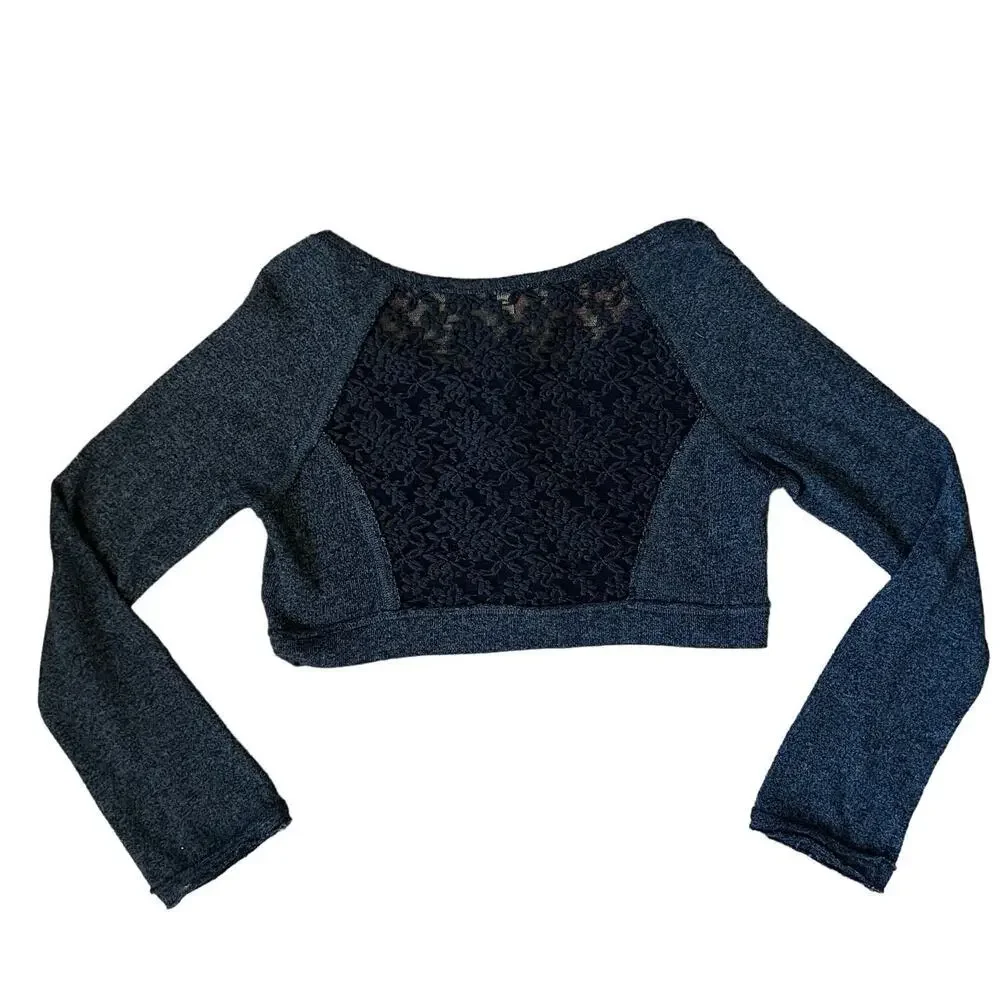 Free People Dark Heathered Gray Crop Long Sleeve Lace Snap Front Top - Small